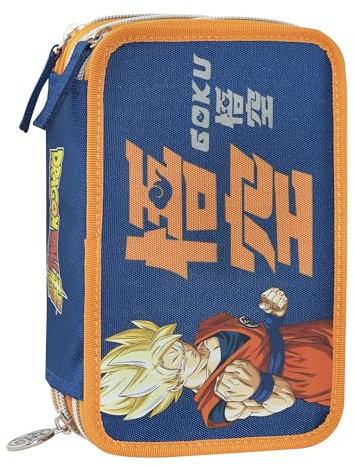 DRAGON BALL SUPER - Astuccio Scuola Ufficiale Dragon Ball, Astuccio 3 Scomparti Bambino e Bambina con Set Cancelleria, Penna Cancellabile Blu e Pratica Chiusura a Zip, 20x13Hx7 cm