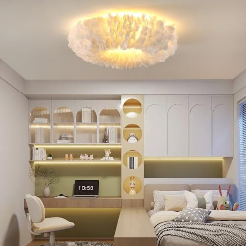 DOCJX Deckenleuchte LED Modernes Nordisches - Weiße Federn Stoffschirm Mit E27 Dimmbarer Beleuchtung - Persönliche Gemütliche Zimmerlampe Für Schlafzimmer/Wohnzimmer - Deckenlampe-Deko Für Haus & Rest