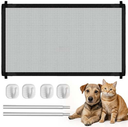 Rejilla protectora extensible para escaleras, sin necesidad de taladrar, rejilla protectora para perros, con 4 ganchos adhesivos para interior y exterior (110 x 72 cm)