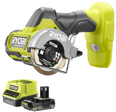 Ryobi - Meuleuse 18 volts sans fils ONE+, 76mm, Brushless, livrée avec 2 lames (pour métal et tuiles) et 1 disque abrasif - 1 Batterie 2Ah et 1 Chargeur Rapide