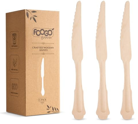 FOOGO Green 100pcs Elegant Disposable Wooden Knives, FSC® Certified, 100x Knives, 20cm, Biodegradable Eco Friendly Cutlery Set, Ideal for Weddings, Bamboo, Alternative to Plastic