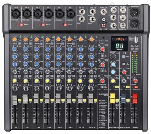 Citronic | CMC-14 Mixing Console with DSP Effects, USB/BT Player, XLR & Jack Inputs | Compact Professional Audio Mixer for Live Events, Recording & Studio Use