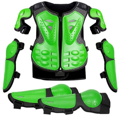 Traje de moto para niños, chaleco de motocross con rodilleras y coderas, chaqueta de protección para la columna vertebral y el pecho para niños de 4 a 14 años, ideal para patinaje,Green-One Size