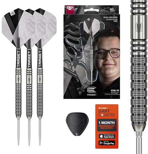 Target Darts Beau Greaves Steeldart Dartpfeil-Set, 25 g | 90-%-Tungsten-Dartpfeile, Pro Grip-Dart-Schäfte und Pro UItra No. 2-Flights, silberfarbene Swiss Point und SP-Tool inkludiert | Player-Edition