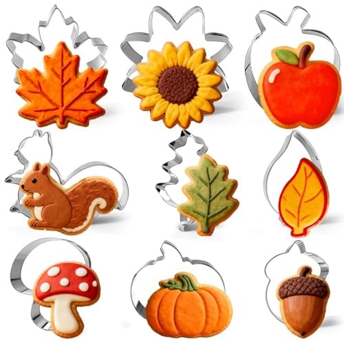 9-teiliges Ausstechformen-Set für den Herbst, Keksformen aus Edelstahl mit Pilz, Ahornblatt, Eichenblatt, Eichel, Eichhörnchen, Apfel, Blatt, Kürbis und Sonnenblume – Herbstliche Backdekorationen