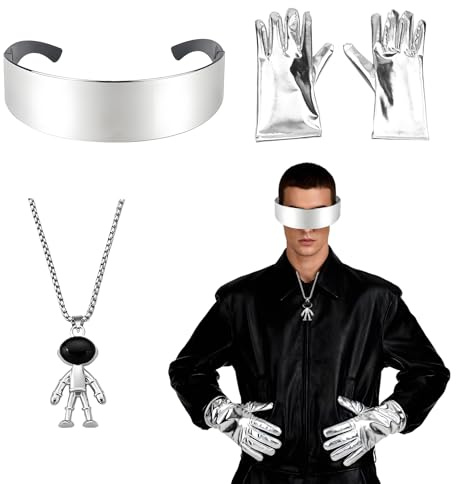 Scinzene 3 Stück Space Astronauten Kostüm Zubehör Set, Silberne Weltall Brille, Glänzende Handschuhe, Roboter Halskette, Astronauten Alien Kostüm Herren Damen, Party Karneval Cosplay