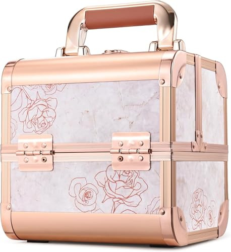 Makeup Case Small Portable Makeup Box with Mirror Travel Cosmetic Cases Hard Make Up Organizer Box for Girls Rose Gold Flower