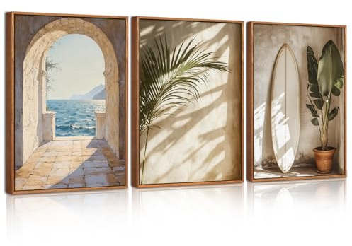 Celestdeco French Coastal Canvas Art Palm Surfboard Ocean Painting 30x40cm