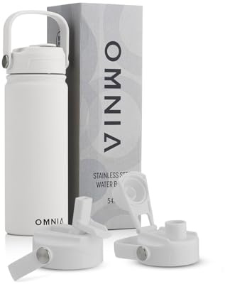OMNIA NUTRIENTS Vacuum Insulated Stainless Steel Water Bottle, 2 Lids (Straw & Spout) Leakproof, BPA-Free, Reusable Flask Ideal for Travel and Outdoors (White - 540 ml)