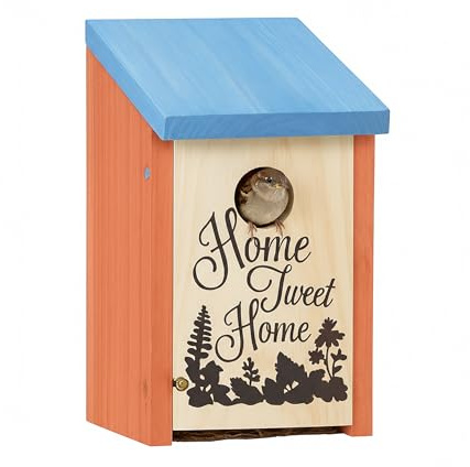 Relaxdays Nistkasten für Meisen, Spatzen, 32 mm, orange/blau | Reinigungsklappe, Holz, Vogelhaus zum Aufhängen, Nisthöhle