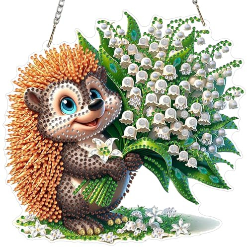 MOTGOM Diamond Painting Anhänger Maiglöckchen und Igel, 5D Diamond Painting Maiglöckchen und Igel für Erwachsene, Lichtfänger DIY Fensterbilder Set, Handwerk Malerei Set für Wand Dekor 20x20cm