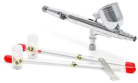 Wiltec Airbrush Pistole Set Typ 130T mit Double Action Funktion, Nadel und Düse Ø 0,2-0,5 mm, 1 Farbbecher, Adapter für Modellbau, Nailart usw.