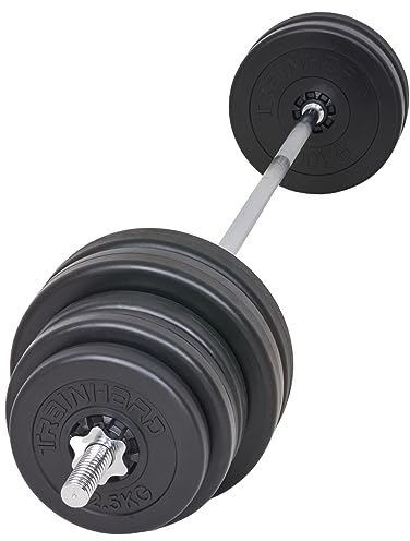75 kg Langhantelset aus 1,8 m Hantelstange, Schraubenverschlüsse und Gewichten (2 x 2,5 kg, 4 x 5kg, 4 x 10 kg)