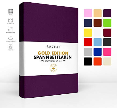 Jacobson Gold Edition Jersey Spannbettlaken Spannbetttuch Baumwolle mit ELASTAN ca. 200 g/m² (90-100 x 220 cm + 40cm, Royal Lila)