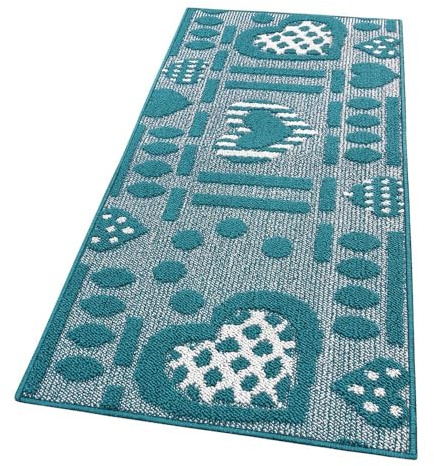emmevi Teppich für Küche, rutschfest, mit 3D-Herzen, waschbar, modern, verschiedene Größen, Modell: Clelia, Design A 57 x 230 cm, Blau