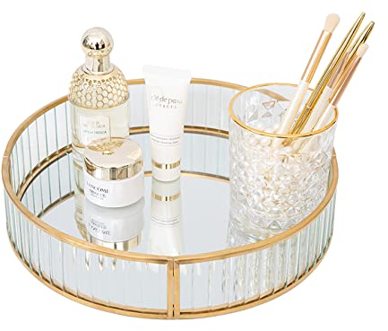 Deko Tablett Rund, SLHEQING Spiegeltablett Gold, Schminktisch Organizer Glass, Vintage Make up Organizer, Parfüm Kosmetik Organizer Aufbewahrung Tablett für Badezimmer Deko