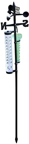 TIAVNTD Station météo extérieure, pare-vent, pluviomètre, thermomètre, décoration de jardin, noir, 1,4 m de haut, direction du vent, pluviomètre détachable avec piquet, girouette