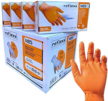 Reflexx N85, 500 Guanti in nitrile arancioni usa e getta Powergrip Senza polvere Senza lattice, struttura a diamante + 4 Guanti a Filo Continuo in 100% poliestere/poliuretano (L 500pz) + zaino work
