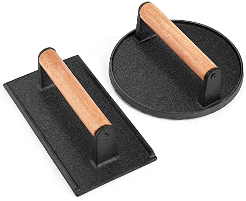 Leonyo 2Pcs Heavy Duty Smash Burger Press, Round Cast Iron Grill Bacon Press for Griddle Flat Top Grill, Rectangular Hamburger Smasher for Griddle, Steak, Sandwich