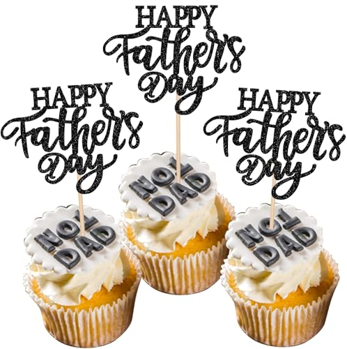 Xsstarmi 24 PCS Happy Father's Day Cupcake Toppers Glitter Love Daddy Best Father Super Dad Cupcake Picks for Happy Father's Day Dad Birthday Party Cake Decorations Supplies Black