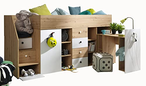 KRYSPOL Etagenbett für Kinder SMART 3 link Stockbett mit Treppe, Kleiderschrank und Schreibtisch (Smart 3 Links - Artisan Eiche + Weiß matt)