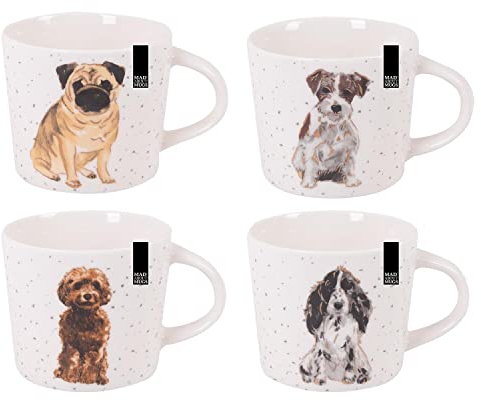 YöL Set Of 4 Dog Design Mugs New Bone China Coffee Tea Cups Pug Cockapoo Terrier Spaniel 350ml Dog Lovers Home Kitchen