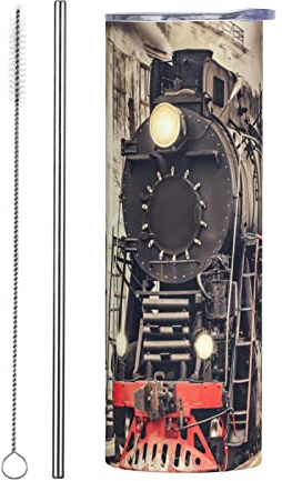 Vintage Express Steam Train Tumbler Cup 20 oz, Stainless Steel Mug Vaccum Insulated Skinny Tumblers with Lid and Straw Double Wall Feak Proof Coffee Travel Mug Birthday Gift for Women Men