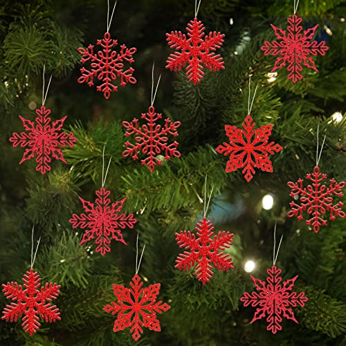 24 Stück Weihnachten Schneeflocken Deko, Weihnachtsfeier Dekoration, Schneeflocken-Weihnachtschmuck Glitzer mit Kunststoff-Pailletten, für Weihnachtsbaum Glitzer Weihnachtsbaumschmuck (Rot)
