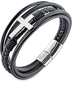 Aleasha Schwarz Leder Armband Kreuz Armband Leder Herren Edelstahl Magnet Verschluss ArmbäNder Schmuck Geschenk 21cm