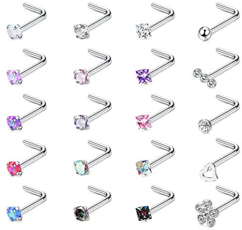 Adramata 20 Pcs 20G Anneaux de Nez en Chirurgical Ensemble de Clous de Nez Diamant Opale CZ Piercing de Nez Bijoux pour Femmes Hommes Vis/Droit/en Forme de L Clous de piercing nez Multicolore,L