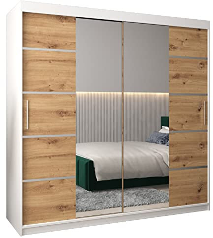 Verona 4200 Armoire à portes coulissantes avec miroir, tringle et étagère Blanc mat + chêne fait main