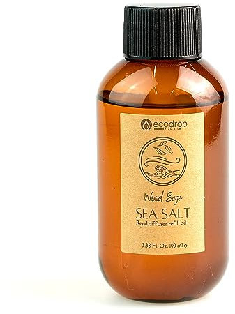 Ecodrop Salted Sage Oil Refill - 100ml Bottle | Fresh Wood Sage & Sea Salt Scented Vegan Aromatherapy Fragrance Oil Reed Diffuser Refill | Eliminate Office & Home Kitchen, Bedroom & Bathroom Odours