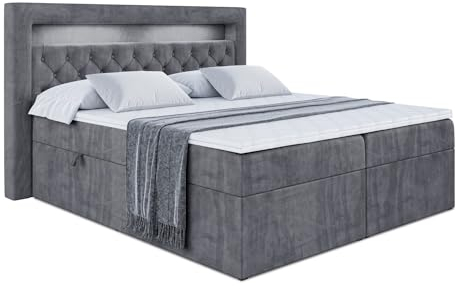 ALTDECOR Boxspringbett mit Matratze und Lattenrost, LED Boxbett, Topper, Polsterbett mit Bettkasten, Bett mit Stauraum H3-Matratze, Doppelbett, Springboxbett - Noel Gold - 180x200 - Dunkelgrau Samt