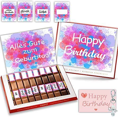 2pcs Aufkleber Set passend für Merci Schokolade 250g für Geschenke zum Geburtstag mit vorgedruckten und blanko Aufklebern bunt selbstklebend kreative Individuell I ohne Schokolade