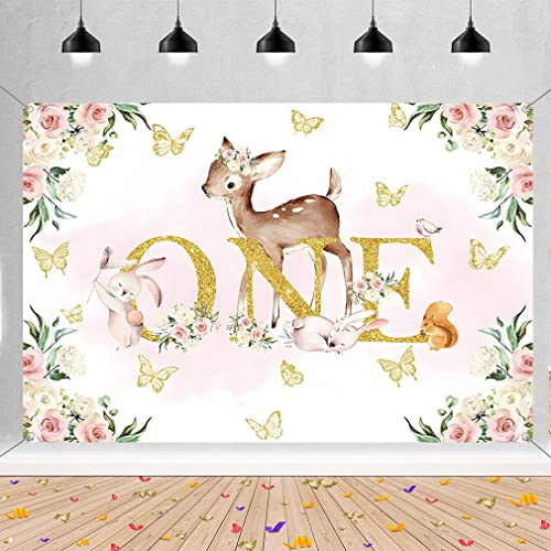 Tier One Hintergrund Hirsch und Blumen Mädchen Party Dekoration Fotografie Hintergrund 1. Geburtstag Plakat