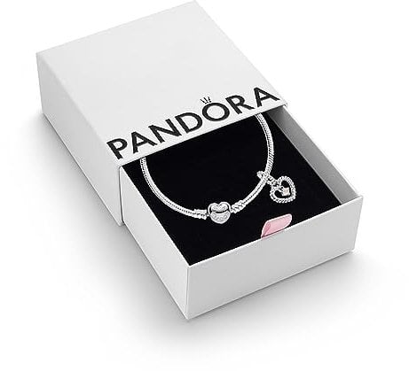 Pandora June Birthstone Dangle Charm & Bracelet Set - Women's Sterling Silver June Birthstone Dangle Charm & Heart Clasp Snake Chain Bracelet - Jewellery Set With Gift Box, Size 17