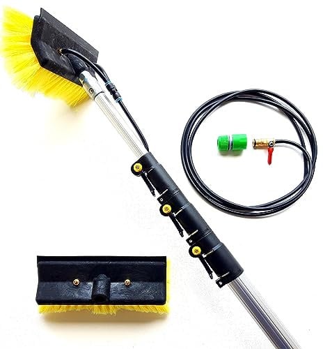 HI-TECH 16ft-20ft-24ft Water Fed Telescopic Window Cleaning Pole, BRUSH HEAD WITH BUILT IN SQUEEGEE BLADE, Long Reach Hose Fed Extension Extended Extendable 16ft Solar Panel Cleaner Tool Kit