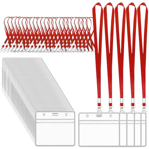 XHDA 50Pcs Red Lanyards for Neck with Clear Card Holders | Nylon Lanyards, PVC Ziplock Card Holders, 45 cm Neck Length, Fits 90 x 60 mm Cards, for Offices, Schools and ID Cards