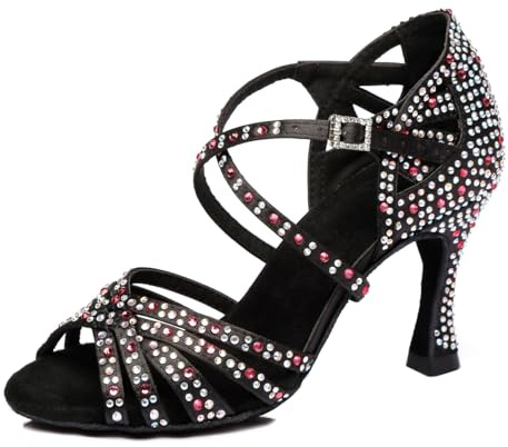 MINITOO Women's Ballroom Dance Shoes Glitter Rhinestones Salsa Latin Dancing Heels L371 Black/Red UK 5
