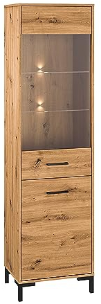 Lomadox Vitrine mit Glastüren und 2 Glasböden, Artisan Eiche Nb., B/H/T ca. 55/200/40 cm