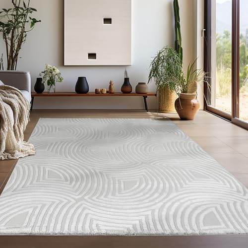 Teppium Moderner Kurzflor Teppich Wohnzimmer 300x400 (280 x 370 cm) Silber - 3D Boho Teppich Waschbar, Skandinavisches Stil, Geometrisch und Weich - für Schlafzimmer, Esszimmer oder Küche