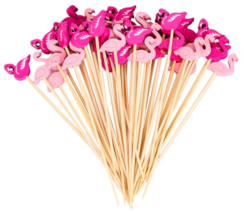 QIYILE Palillos de Cóctel Palillo de Frutas 100 Piezas Brochetas de Frutas de Bambú con Decorativos Flamingo Brochetas de Cóctel de Madera para Fiestas Canapés y Aperitivos