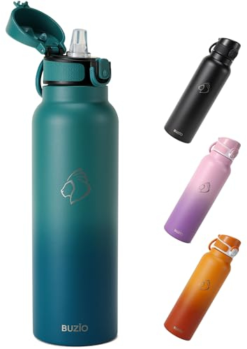 BUZIO Insulated Water Bottle with Straw 1L - Stainless Steel Water Bottle with Straw 1L and POPUP Lid - BPA Free - Cold for 48 Hrs - 100% Leak Poof - 1L Water Bottle for Travel Work - Blue