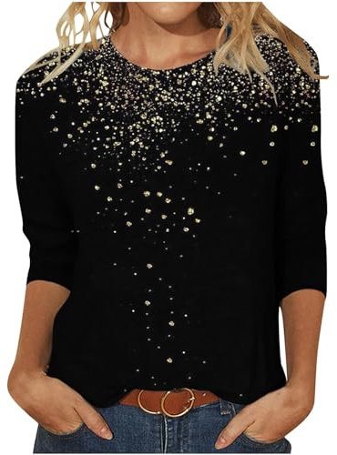 Tshirt Damen 3/4 Arm Pailletten Oberteil Shirt Lässig Rundhals Tunika Longshirt Festliche Glitzer Langarmshirt Elegant Bluse Tops Neuartige Drucke Sommershirt Baumwolle Liebe Sportshirt