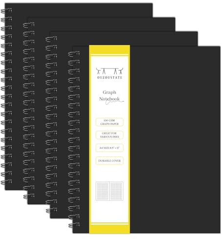Ouzoustate Spiralblock, A4, kariert, 21,6 x 27,9 cm, 4 Stück, 160 Seiten, 100 g/m² dickes Papier, großes Hardcover, Notizbücher für Notizen, Ingenieurwesen, Grafiken, Arbeit, Schulbedarf, Schwarz