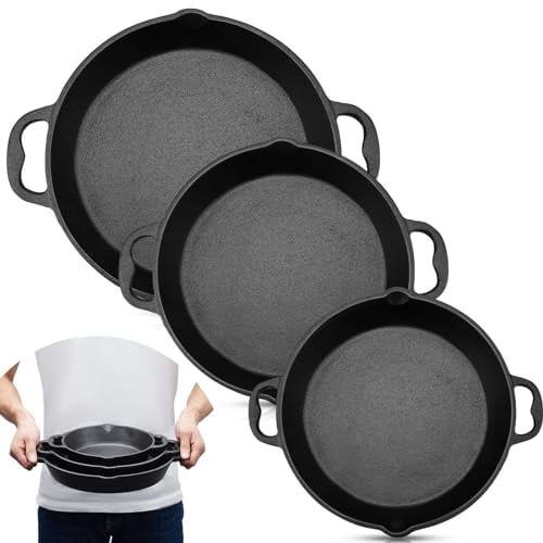 Sunnychicc Set di 3 mini padelle in ghisa da 20,3 cm, 25,4 cm e 30,5 cm, set di padelle in ghisa prestagionate, wok per grigliare con doppi manici, adatte al forno
