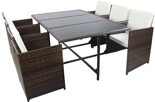 VCM 9-TLG Gartenmöbel Set | Sitzgruppe Essgruppe | 1xTisch, 6X Stühle, 2X Hocker | Tisch Maße ca. H. 72 x B. 170 x T. 110 cm | Rattan | Garten Set - Raloso Braun