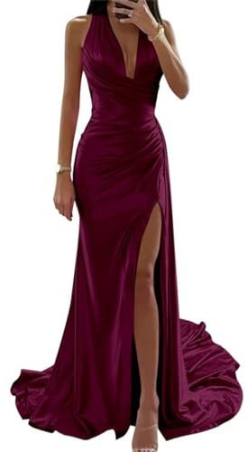 Vestidos de dama de honor, vestidos formales de satén largo para mujer, invitada de boda, corte sirena, plisados, espalda descubierta, Fucsia Oscuro, 40
