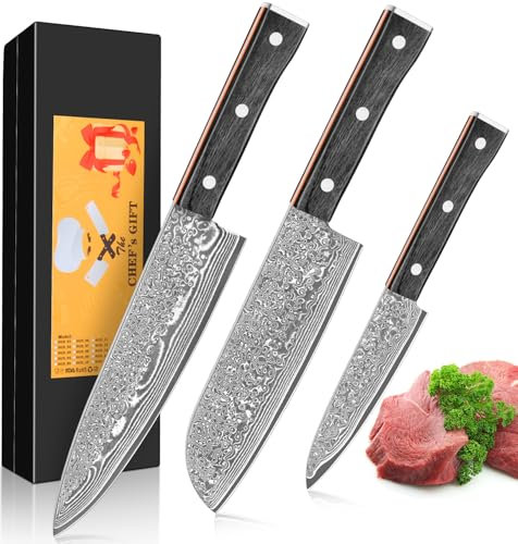 KEENZO 3er Damastmesser Set, Kochmesser Küchenmesseraus 67 Lagen Damaststahl Ultra Scharfes Messerset mit Chefmesser Santokumesser Allzweckmesser für Haus und Küche, Geschenkbox