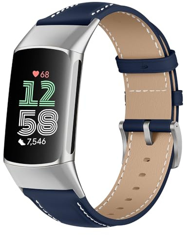 Niboow Leder mit Edelstahl Schnalle Armband für Fitbit Charge 6/5 (Blau) | Klassisch Weiches Leder Ersatzarmbänder Herren Damen Schweißresistent Uhrenarmband für Fitbit Charge 6/Charge 5